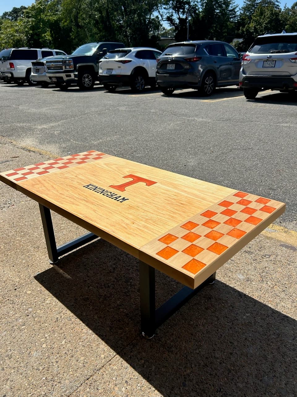 Custom Tennessee Volunteers themed cornhole board with personalized details