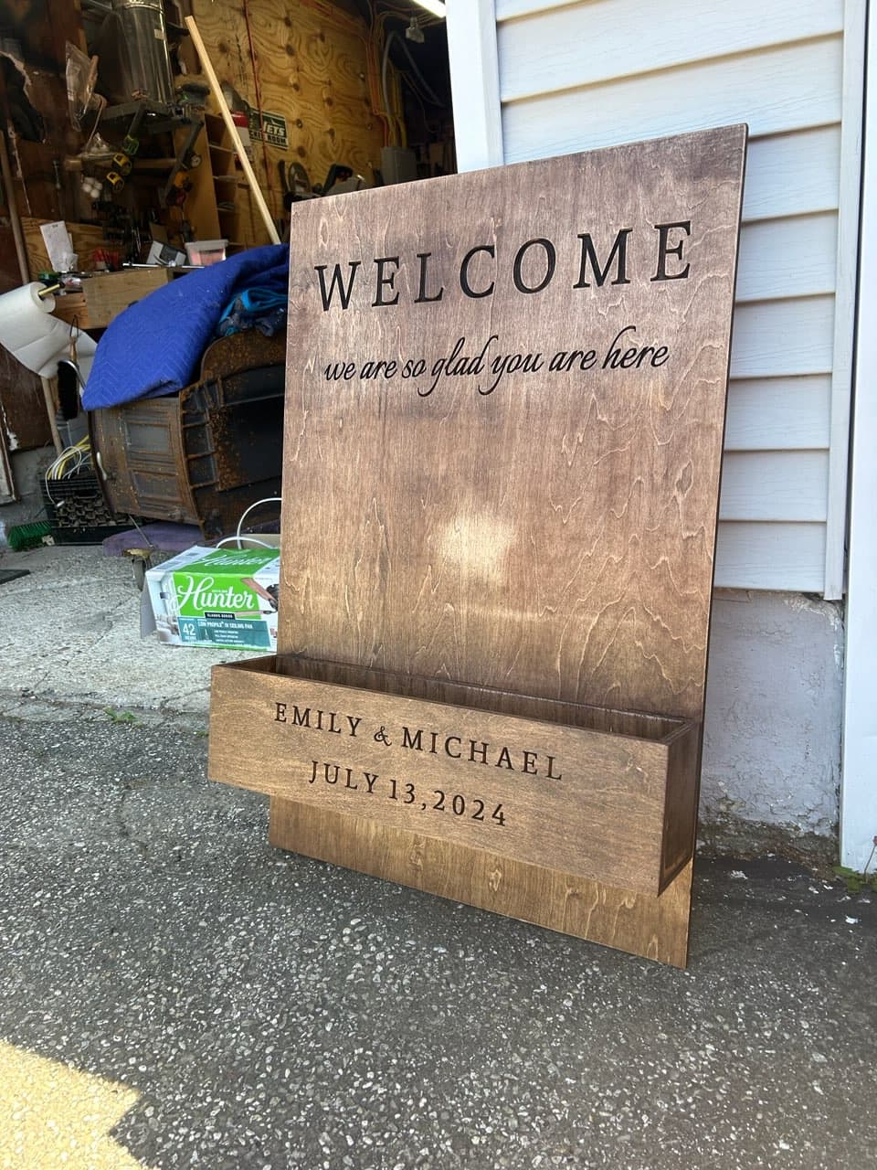 Custom wood wedding welcome sign with elegant calligraphy engraving