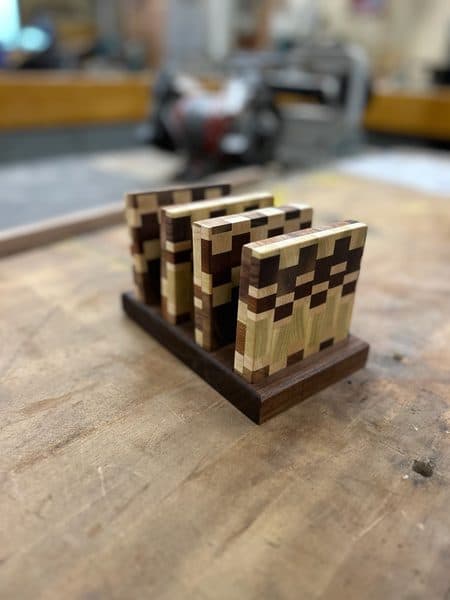 End-grain mosaic coaster set with walnut holder