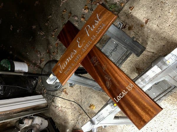 Engraved mahogany memorial cross with custom inscription