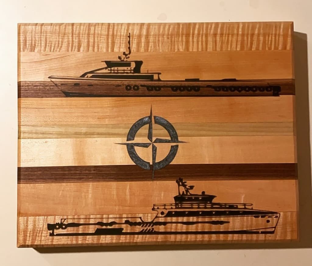Engraved yacht compass rose plaque crafted from multiple wood species