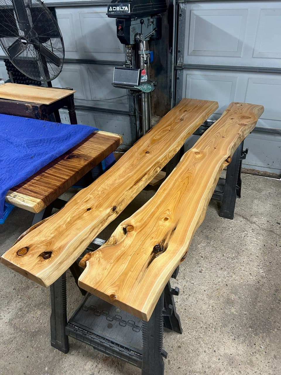 Live edge wood slab shelves being prepared in the workshop