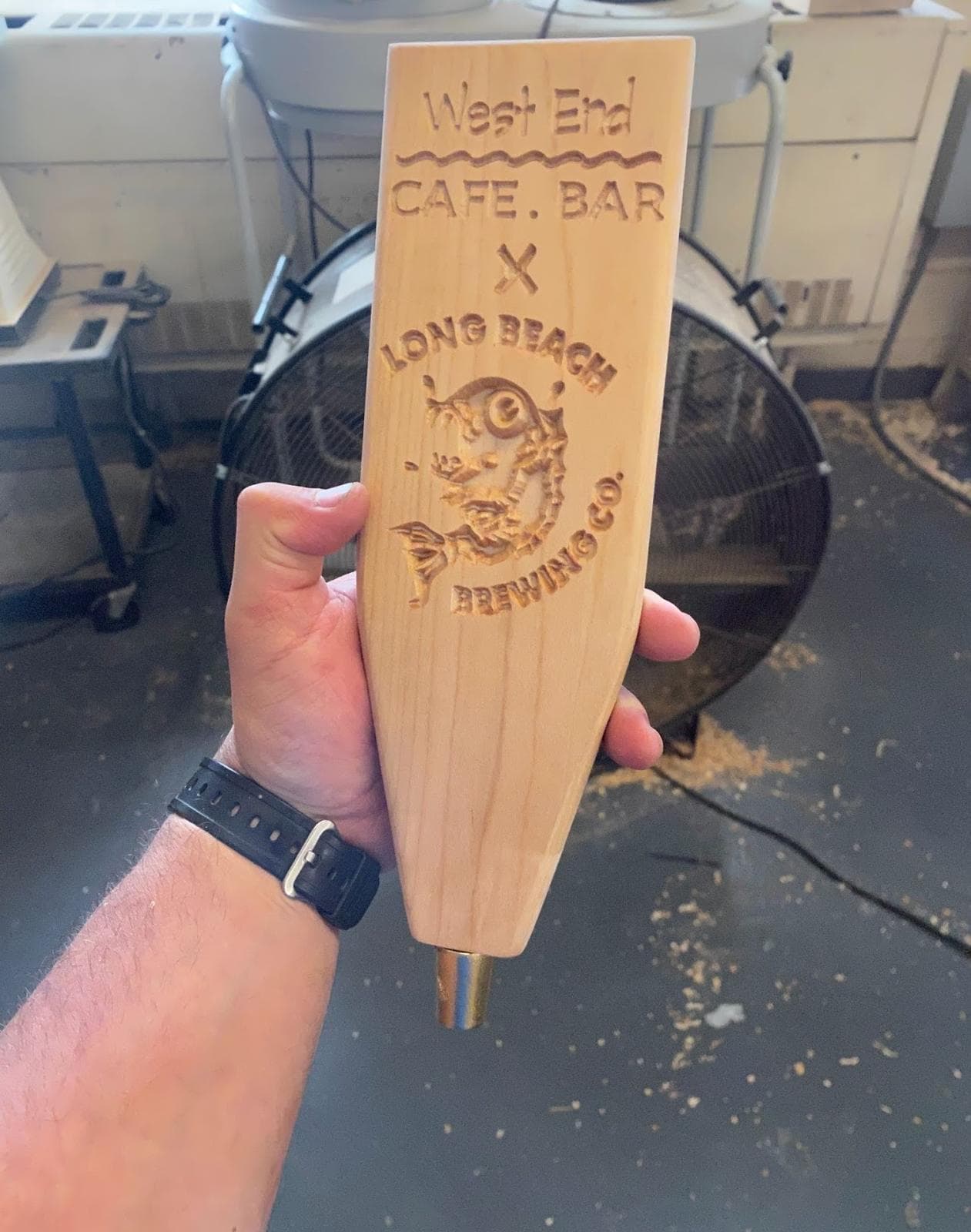 Custom beer tap handle for West End Cafe Bar and Long Beach Brewing Co. with engraved logos