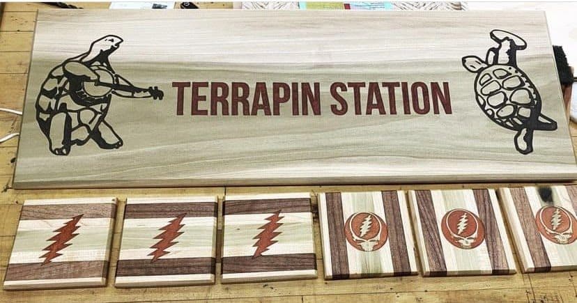 Terrapin Station Grateful Dead themed sign with matching coasters featuring lightning bolt and Stealie inlays
