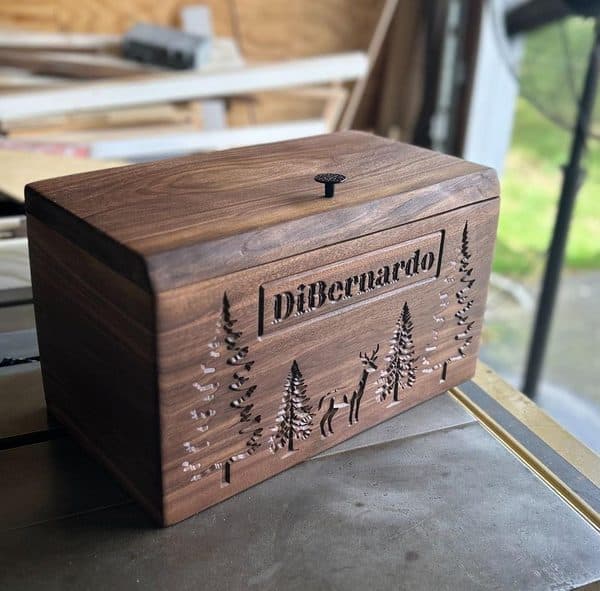 Personalized walnut keepsake box with DiBernardo engraved and forest deer scene