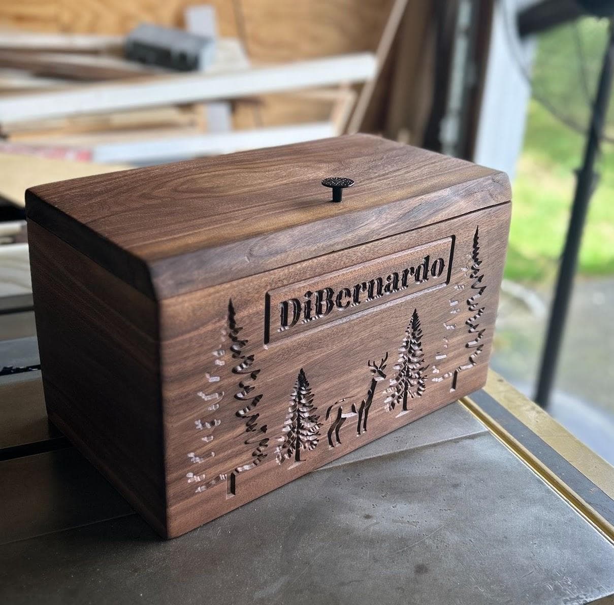 Personalized walnut keepsake box with DiBernardo engraved and forest deer scene
