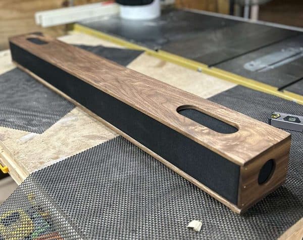 Custom walnut Bluetooth speaker enclosure with built-in handles