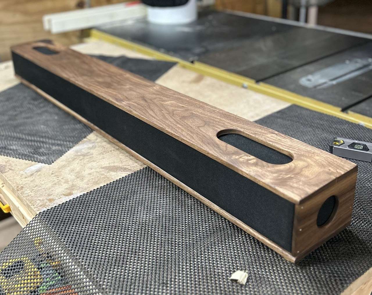 Custom walnut Bluetooth speaker enclosure with built-in handles