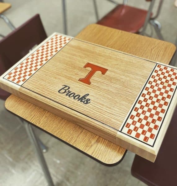 Tennessee Vols themed personalized cutting board for Brooks family with checkerboard inlay
