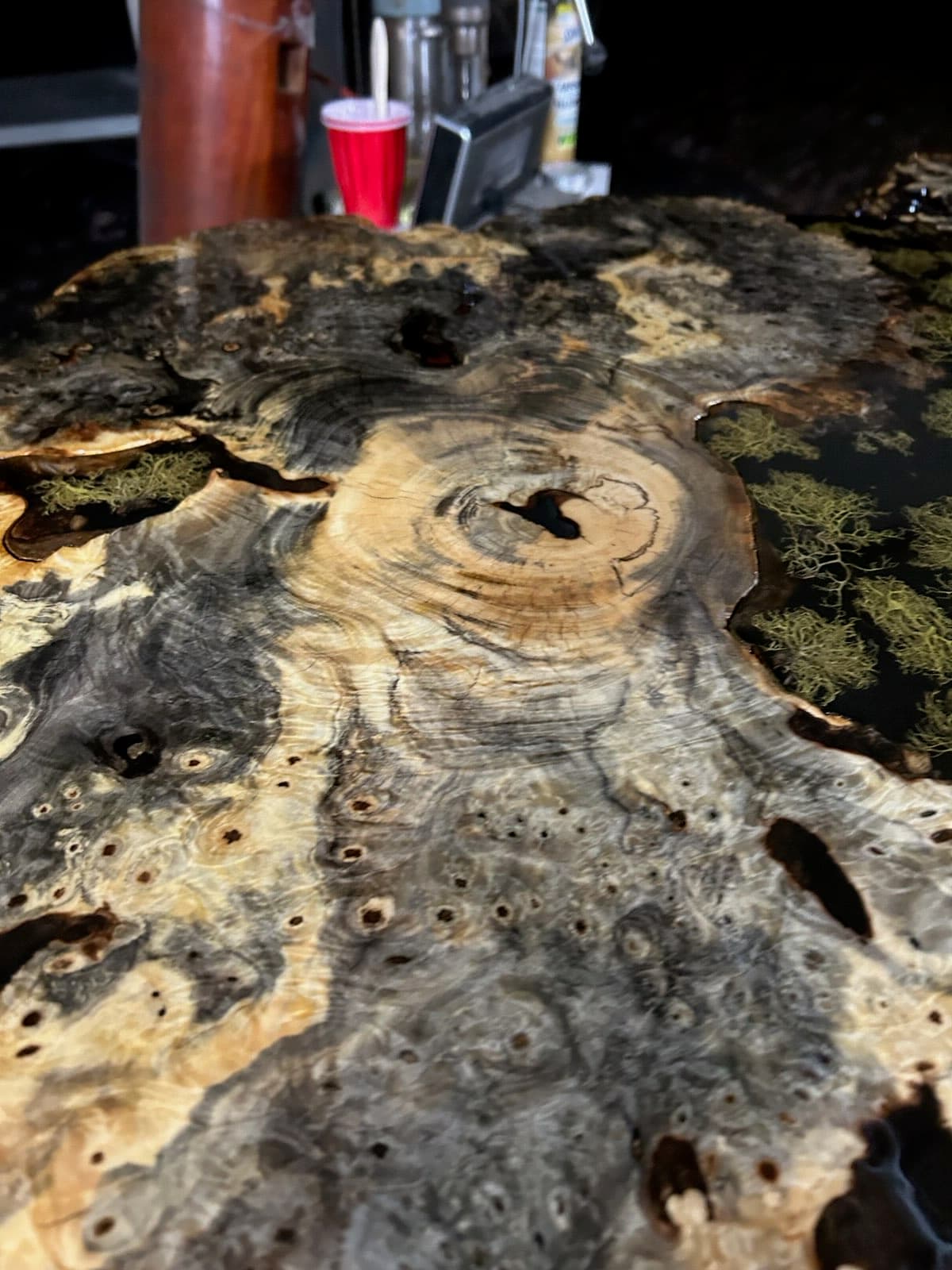 Raw burl wood slab showing detailed natural grain patterns