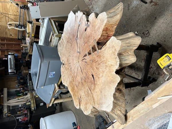Raw tree stump cross-section slab in the workshop